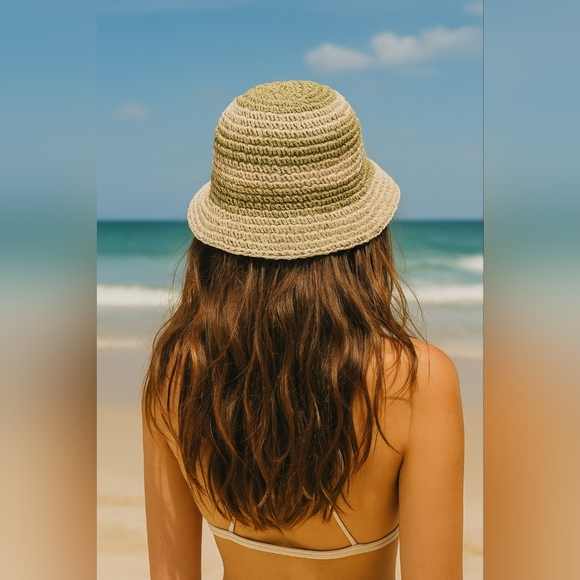 Windsor Olive And Natural Woven Beach Bucket Hat O/S - Picture 1 of 7
